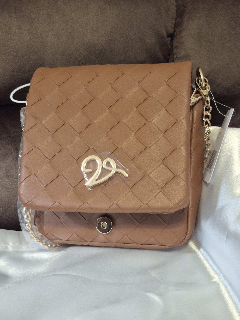Vintage Havana Woven Crossbody Bag in Tan with Gold Chain
